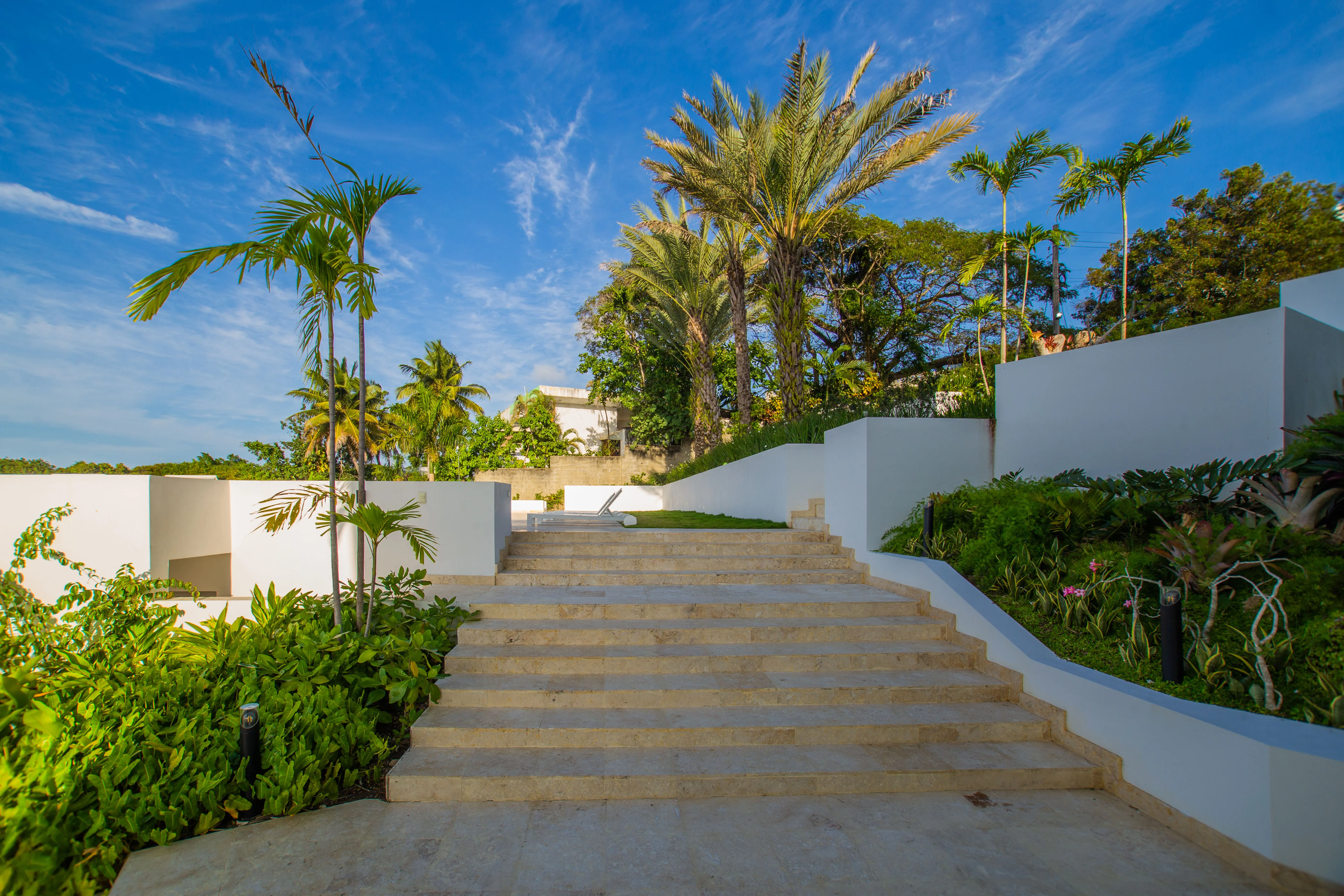 Travertine steps rising through palm gardens to the pool
