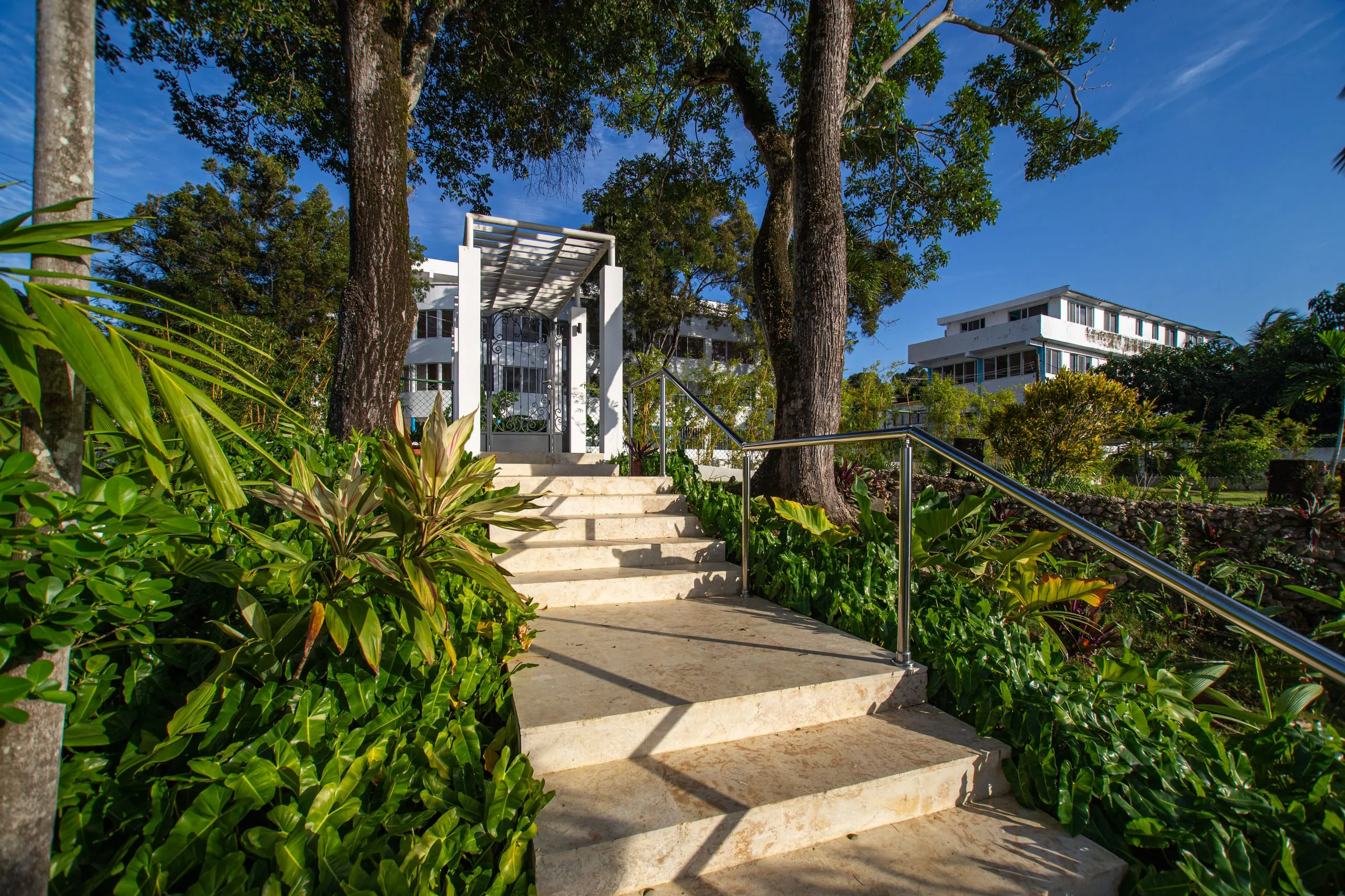 Stone garden steps leading up to the villa entrance